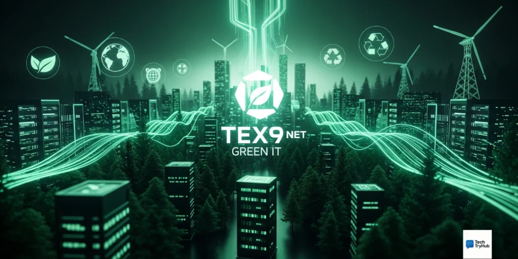 Tex9 Net Green IT cover image showing green digital city, eco-friendly technology, and sustainable servers.