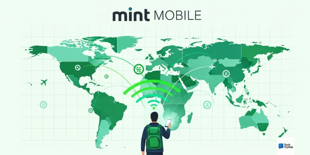 Traveler using Mint Mobile Minternational Pass with global roaming coverage.