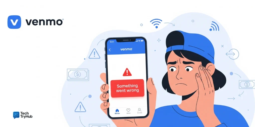 Venmo app showing ‘Something went wrong’ error on phone screen.