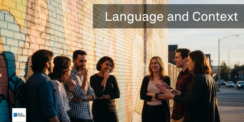 Young adults discussing slang and culture.