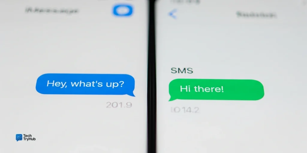 Blue iMessage bubble versus green SMS bubble comparison on iPhone screen