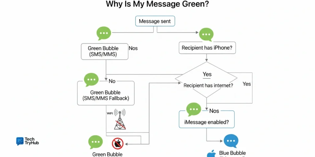 Decision flowchart explaining when iPhone messages display as blue iMessage versus green SMS bubbles