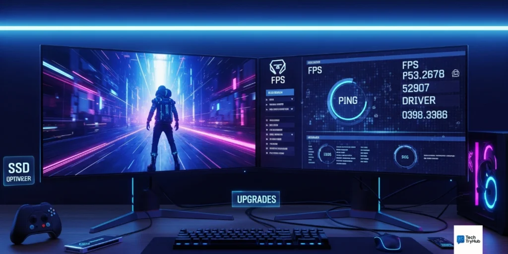 Futuristic gaming setup with neon lights, dual monitors showing FPS and system stats, SSD and Ethernet cable for technology hacks TGArchiveGaming.