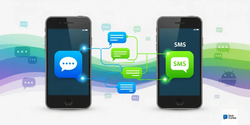 Illustration showing iPhone and Android message icons connected by chat lines
