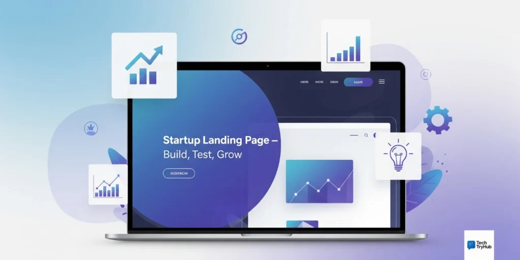Modern startup landing page illustration with tech design elements