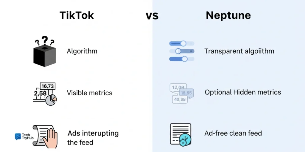 Neptune App vs TikTok comparison: algorithms, metrics visibility, and ad-free experience
