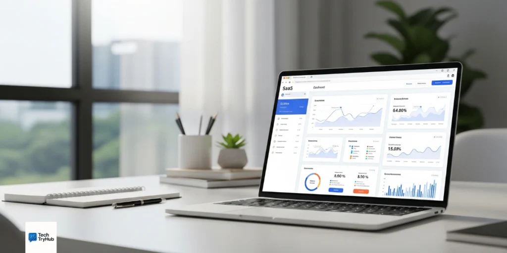 SaaS dashboard interface on laptop showing startup analytics tools