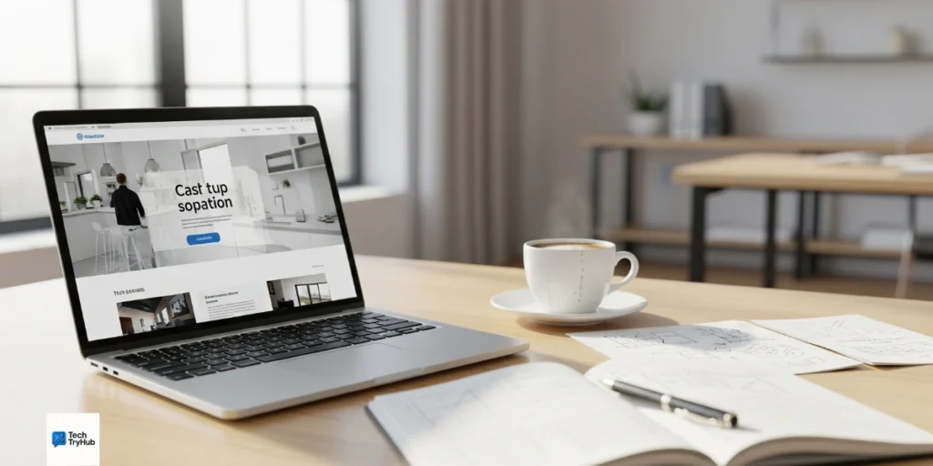 Startup founder designing landing page on laptop in modern office workspace